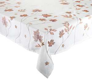 The Kim Seybert Maple Hues Collection tablecloth features autumnal embroidery in orange and brown, perfect for a cozy fall setting on your rectangular table.