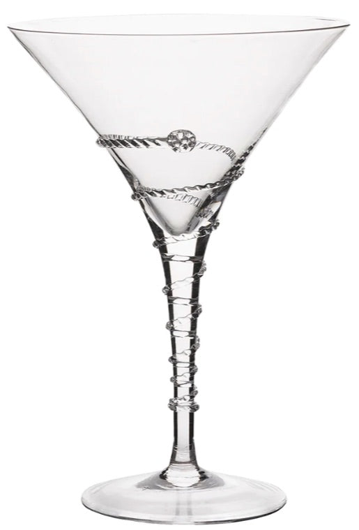 A martini glass from the Juliska Amalia Drinkware Collection features a handcrafted spiral pattern and glass bead accent on the stem, created by master artisans.