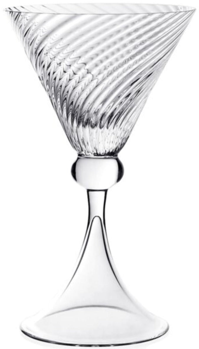 The Venetia Drinkware Collection by William Yeoward Crystal features clear crystal martini glasses with wide, conical bowls, a spiral pattern, elegant Venice-inspired stems, and broad flat bases.