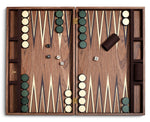 The Matis Backgammon Set by L'Objet features an open natural wood board, green and white checkers set for play, two dice in the center, and matching dice cups on each side.