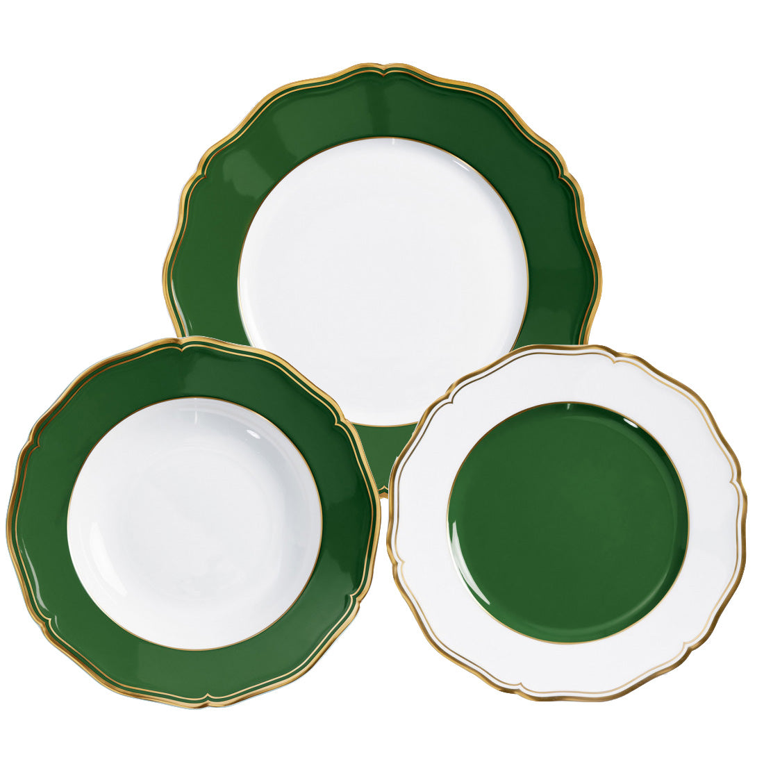 Three hand-painted Raynaud Mazurka Or Fond Vert plates with scalloped gold rims and a green-and-white palette are displayed in an overlapping arrangement on a white background.