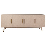 The Davies Low Cabinet by Mr Brown/Julian Chichester features chevron-patterned doors, a white finish with gold handles, and four tapered legs—perfect for adding a touch of West Palm Beach elegance to your home.