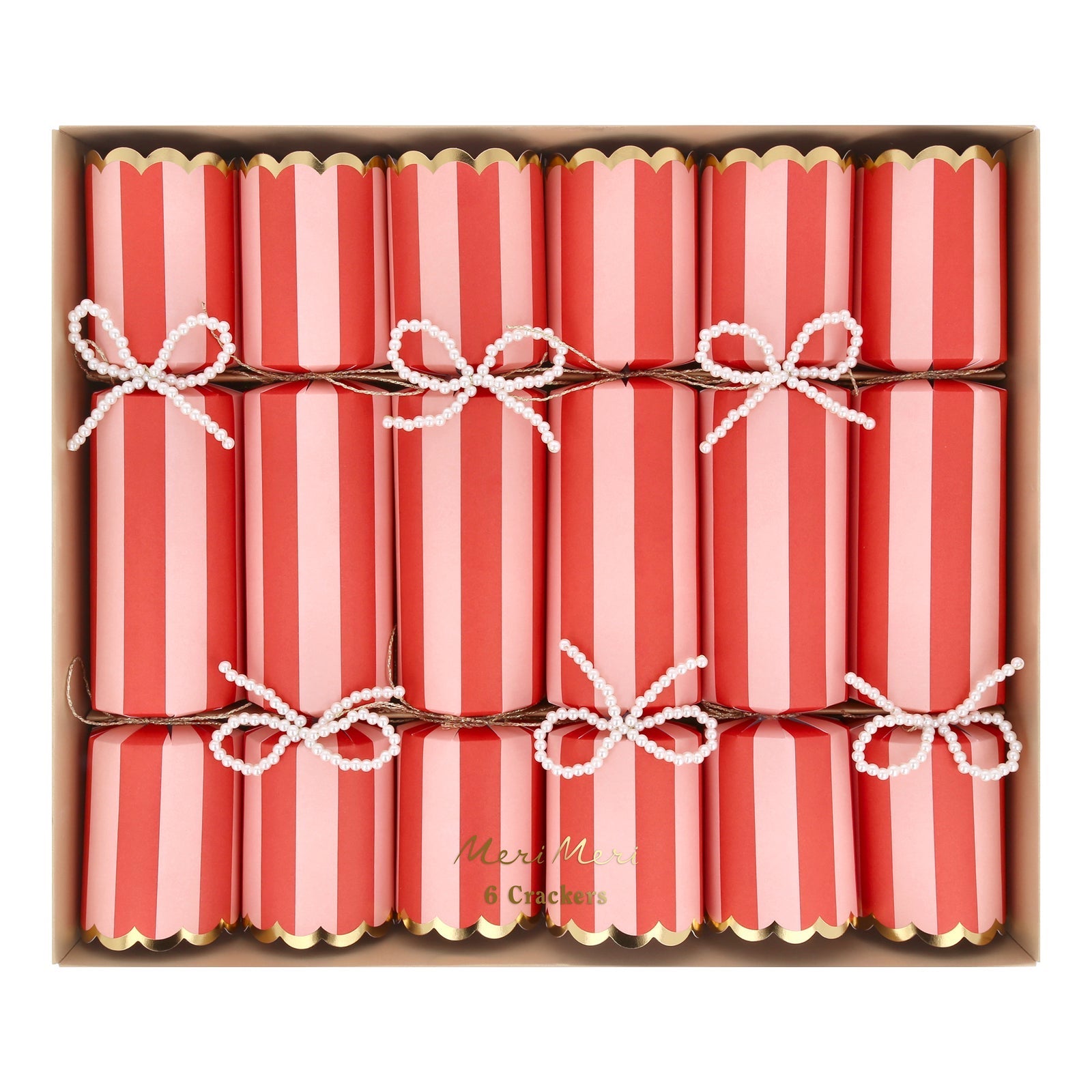 The Meri Meri Pearl Bow Crackers box includes eight luxury Christmas crackers, each in red and white stripes and tied with a decorative pearl bow—ideal for festive Christmas table settings.