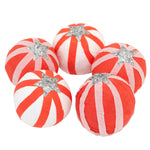 Five Peppermint Candy Surprise Balls by Meri Meri, round with red and white stripes and a silver glitter star, arranged together—perfect festive stocking fillers or party bag treats for any celebration.