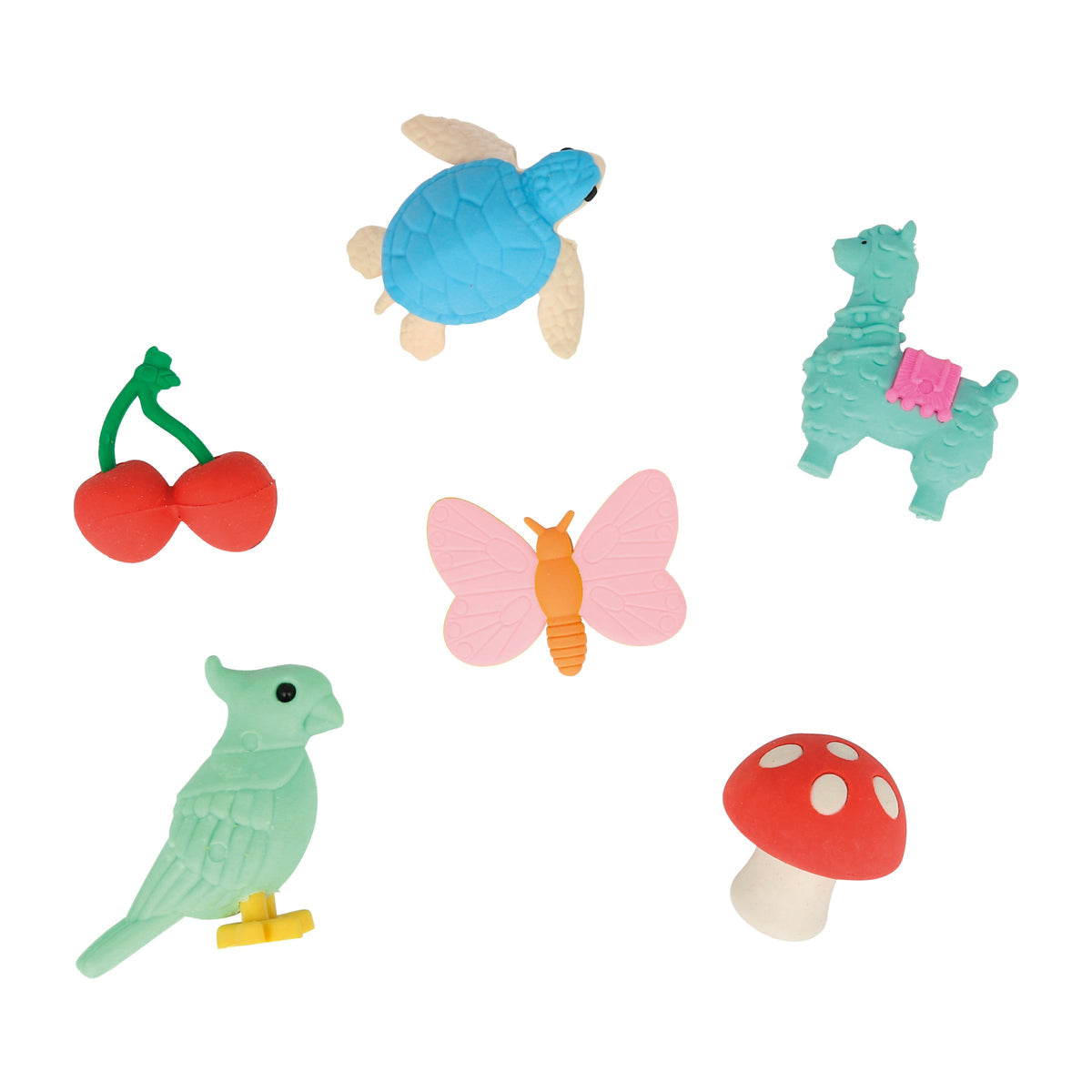 Six colorful erasers—blue turtle, green llama, red cherries, pink butterfly, green bird, and red mushroom with white spots—from Meri Meri’s Elf Large Crackers are perfect for festive Christmas tables or as fun surprises in elf crackers.