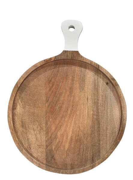 A Acacia Round Cutting Board with White Handle Collection, perfect for serving, isolated on a white background, made by Ibolili/Montes Doggett.