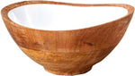 The Madras Bowl Collection by Be Home features handcrafted mango wood bowls with smooth white interiors and asymmetrical rims, photographed on a white background. Sustainably sourced for eco-conscious living.