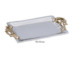 The Beatriz Ball Ocean Coral Emerson Tray Collection features a medium rectangular silver tray with a textured aluminum alloy surface and gold branch-shaped handles on both ends.