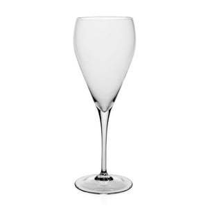 A clear, empty wine glass from the Melody Drinkware Collection by William Yeoward Crystal with a long stem and round base stands upright on a white background—ideal for any wine enthusiast.