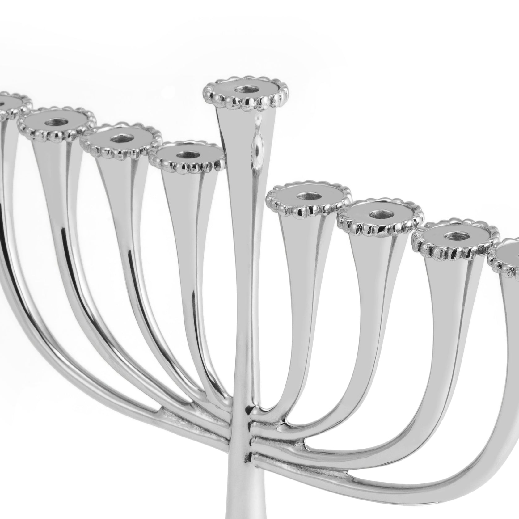 A close-up of the Michael Aram Molten Menorah, featuring eight candle holders in a row with a central elevated one, highlights its contemporary design and handmade artistry against a white background.
