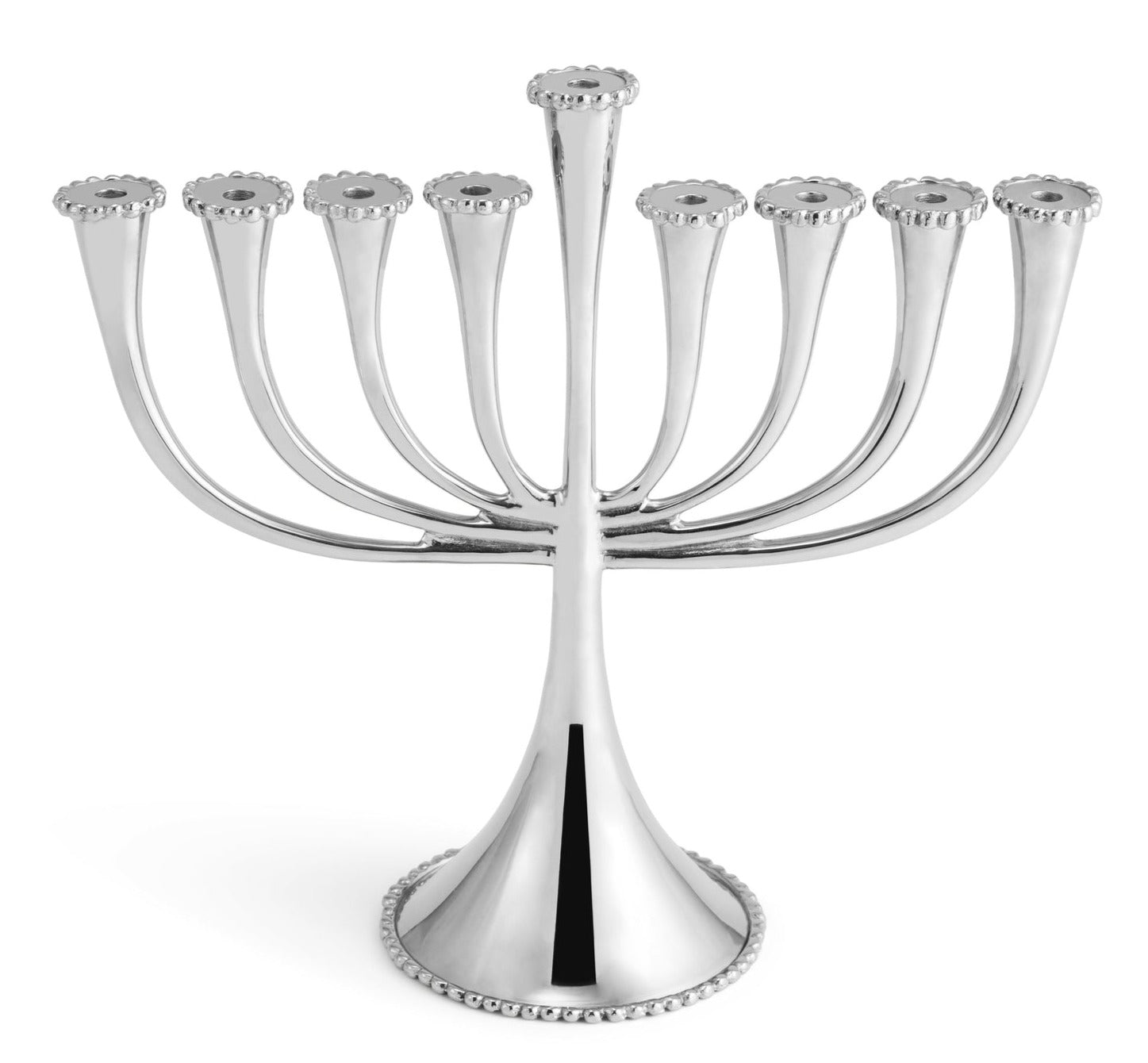 The Molten Menorah by Michael Aram features nine silver candle holders, with a raised center, arranged in a row on a reflective base, showcasing handmade craftsmanship from the Molten Collection.
