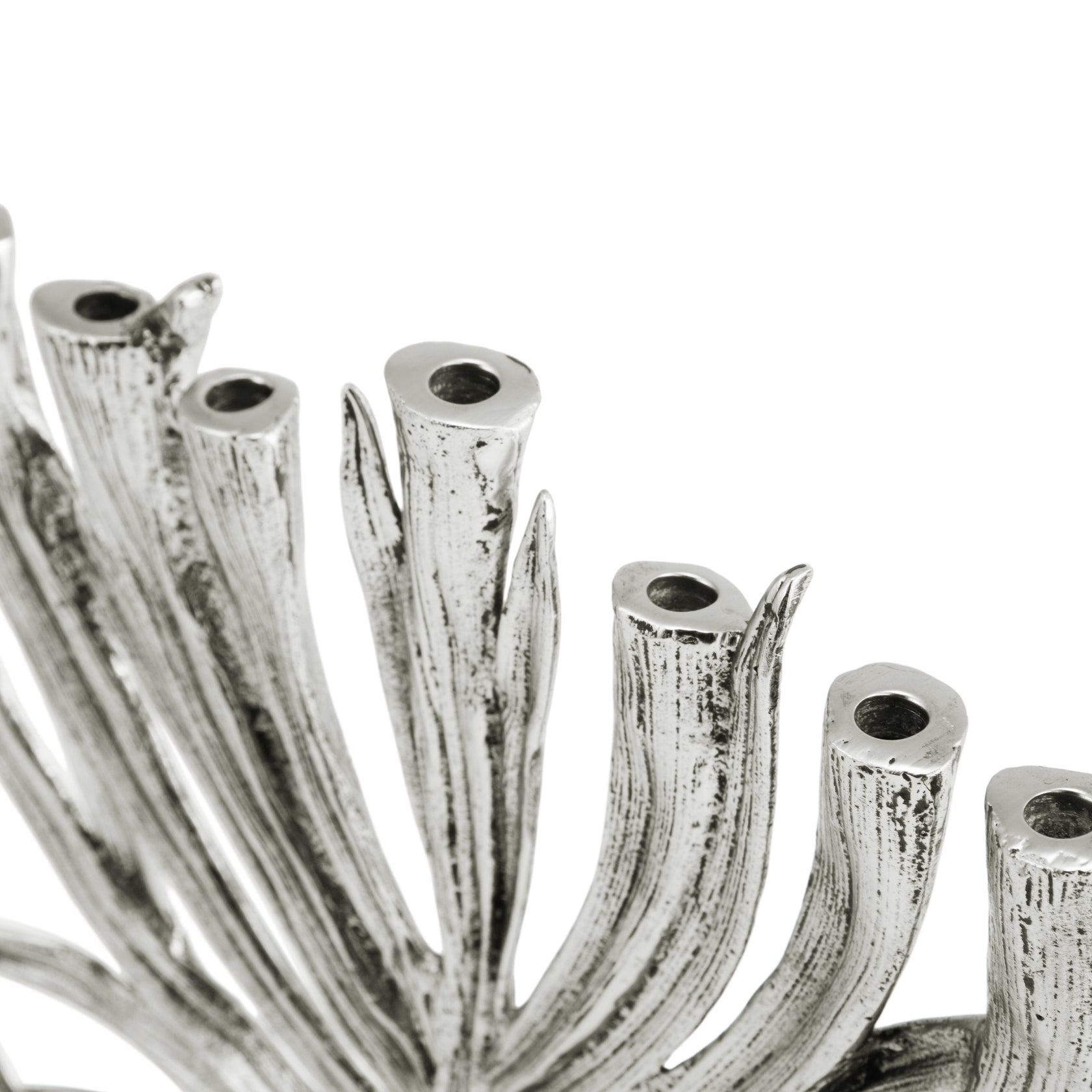 Close-up of the Michael Aram Silver Palm Menorah, Small—metallic, textured with cylindrical, hollow branches in a radial design. Its antique silver finish echoes the Palm Collection. Set against a white background.