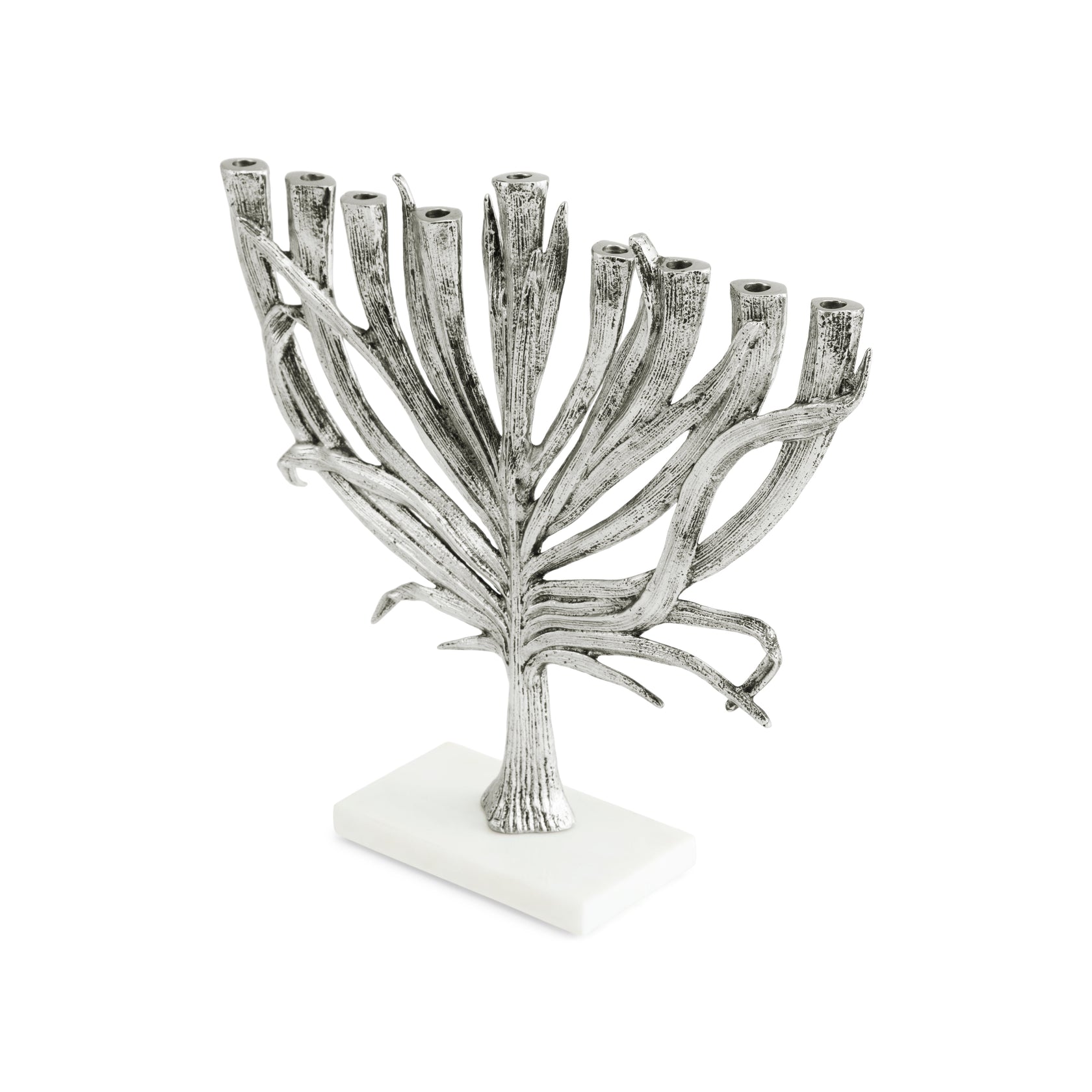 The Silver Palm Menorah, Small by Michael Aram features nine candle holders on a white rectangular base, inspired by the elegant Palm Collection and designed with silver tree branch accents.