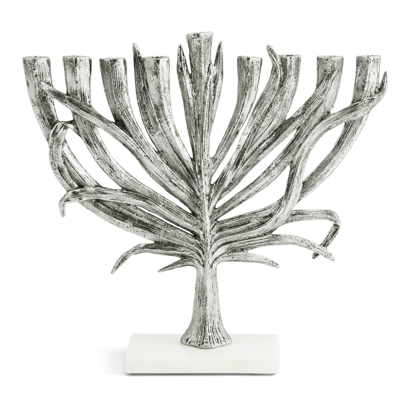 The Michael Aram Silver Palm Menorah, Small features silver branches inspired by palm leaves, set on a white rectangular base, showcasing the detailed artistry of the Palm Collection.