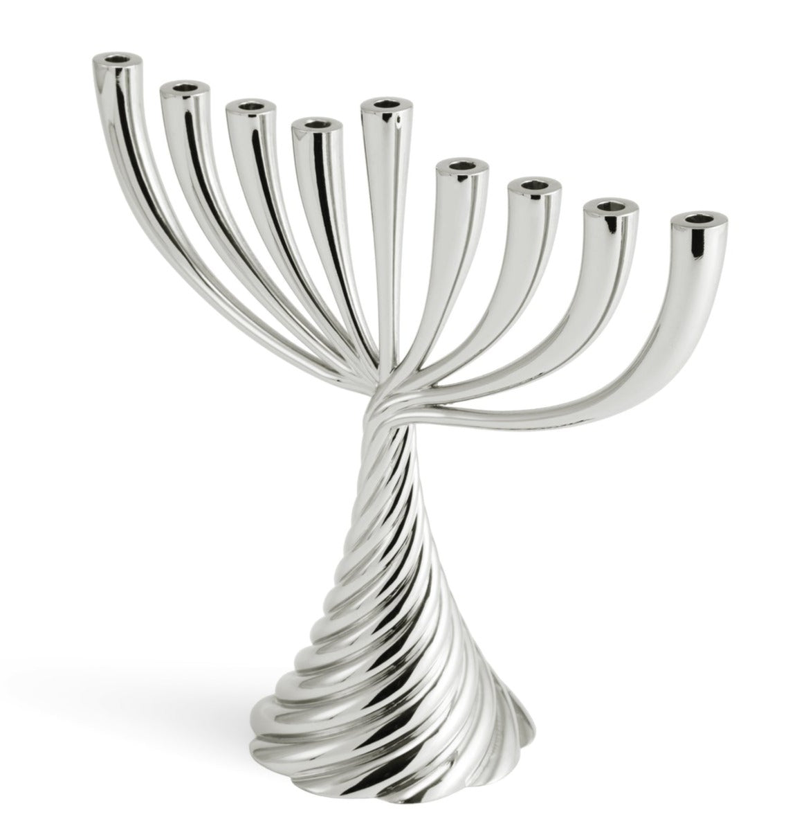 The Michael Aram Silver Twist Menorah features nine curved branches and a twisted wire base, offering a modern silver design perfect for Hanukkah candles.