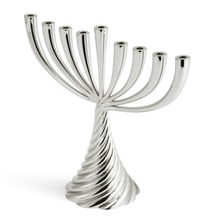 The Michael Aram Silver Twist Menorah features nine curved branches and a twisted wire base, offering a modern silver design perfect for Hanukkah candles.
