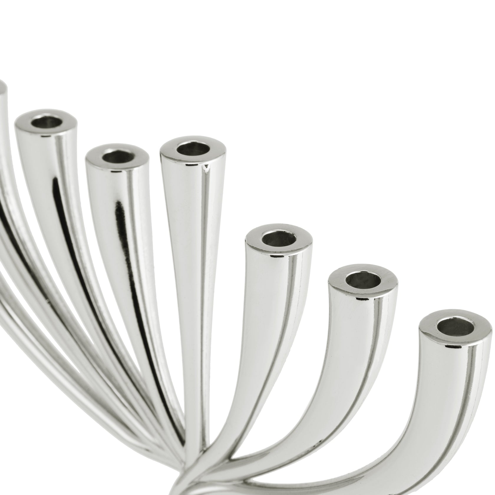 A close-up of the Silver Twist Menorah by Michael Aram, featuring seven curved arms in a row and a polished nickelplate finish.