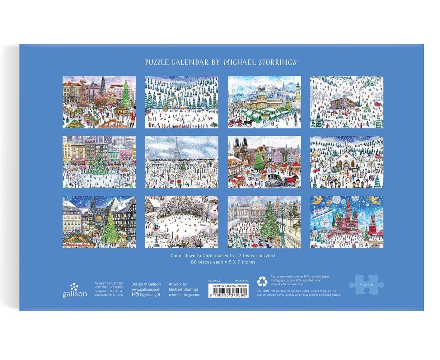 A set of 12 festive puzzle calendar images titled "Michael Storrings 12 Days of Christmas Puzzle Calendar Set" by Chronicle Books, showcasing winter scenes with crowds, snow, and holiday activities on a blue background.