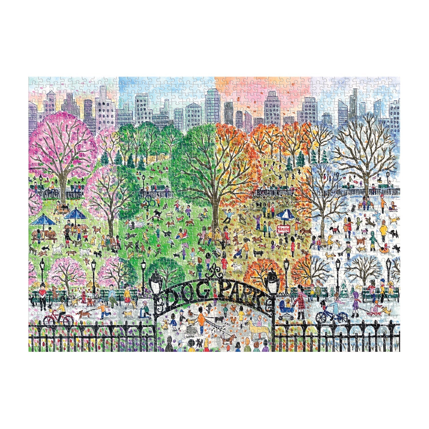 Illustration of a park depicted in spring, summer, autumn, and winter, where people engage in different activities beneath a city skyline with a "Dog Park" sign in front. This vivid scene captures the charm of the Michael Storrings Dog Park in Four Seasons 1,000 Piece Puzzle by Chronicle Books.