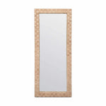 The Gene Mirror by Made Goods is a rectangular full-length mirror with a wide, light brown abaca fiber frame featuring an oversized basket weave design, shown against a plain white background.