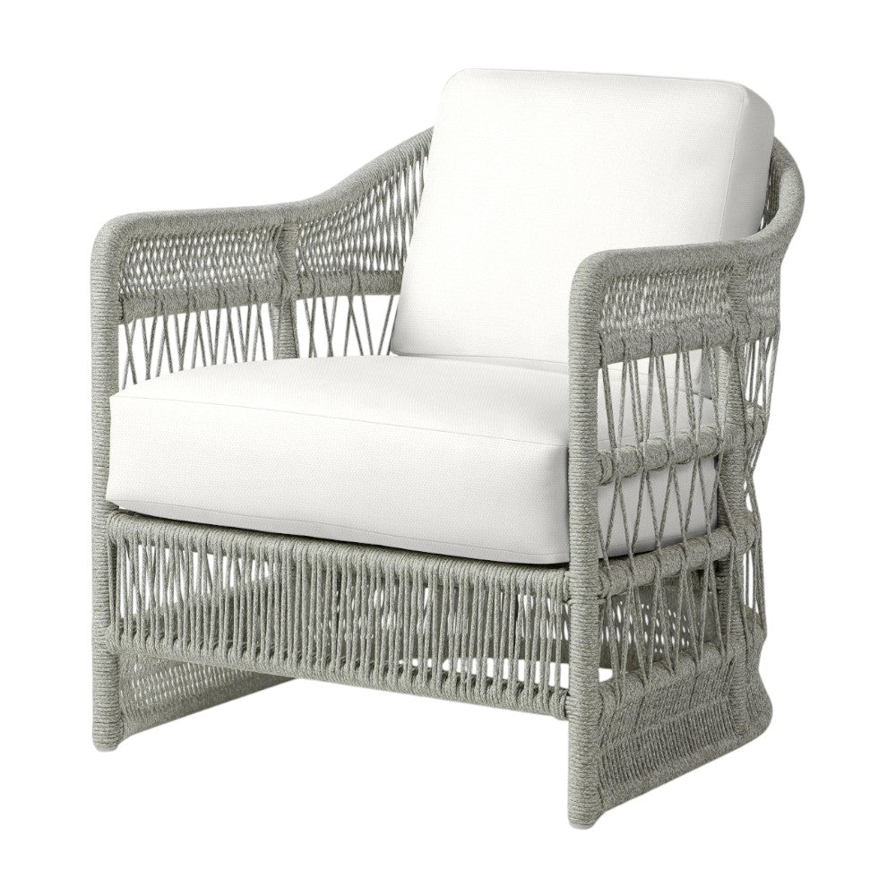 The PALECEK Mara Outdoor Lounge Chair in Rough 'N Tumble Blanca features a light grey woven frame with white seat and back cushions, crafted for a coastal vibe, shown against a white background.