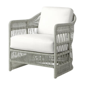 The PALECEK Mara Outdoor Lounge Chair in Rough 'N Tumble Blanca features a light grey woven frame with white seat and back cushions, crafted for a coastal vibe, shown against a white background.