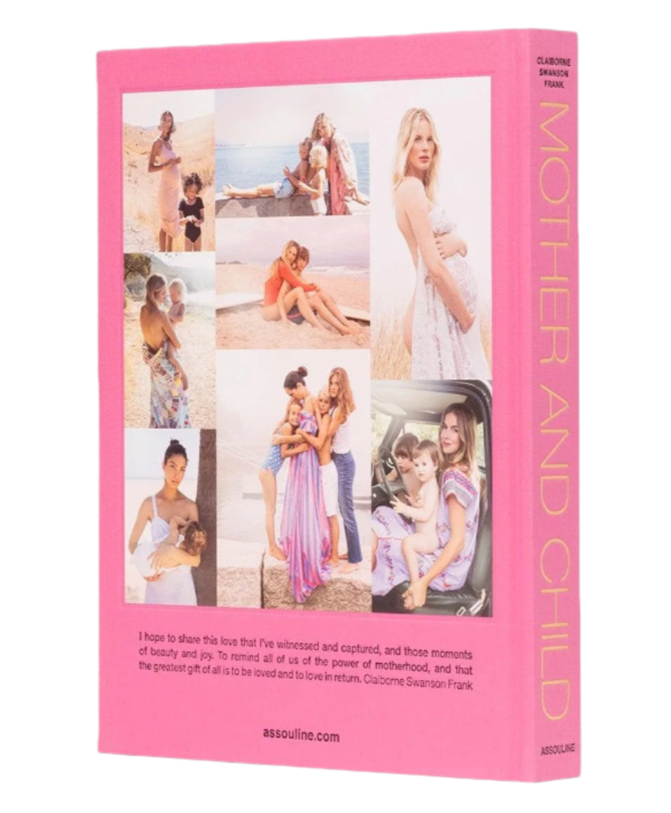 Mother and Child" by Assouline is a pink book featuring eight striking cover portraits that capture modern motherhood through women and children sharing outdoor moments together.