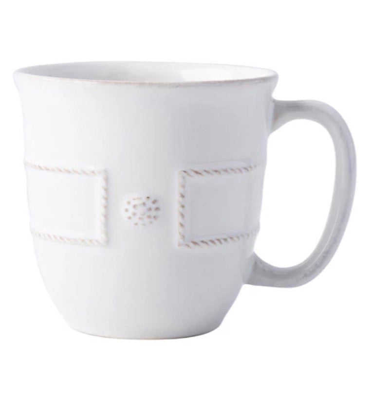 White ceramic mug from Juliska's Berry & Thread French Panel Dinnerware Collection, featuring a large handle and subtle stitched square patterns inspired by Parisian architecture on a plain white background.