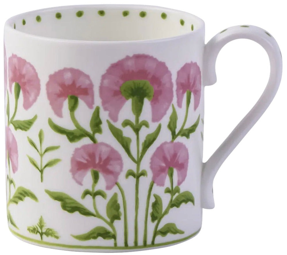 White ceramic mug with handle, adorned with pink flowers and green leaves in a hand-painted style. From the Cobblers Cove Camelot Dinnerware Collection by Royal Crown Derby. Inspired by luxury boutique hotel elegance.