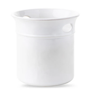 The Juliska Puro Whitewash Utensil Crock/Wine Cooler, crafted in Portugal from white ceramic, features two side holes for easy gripping and is shown on a plain white background.
