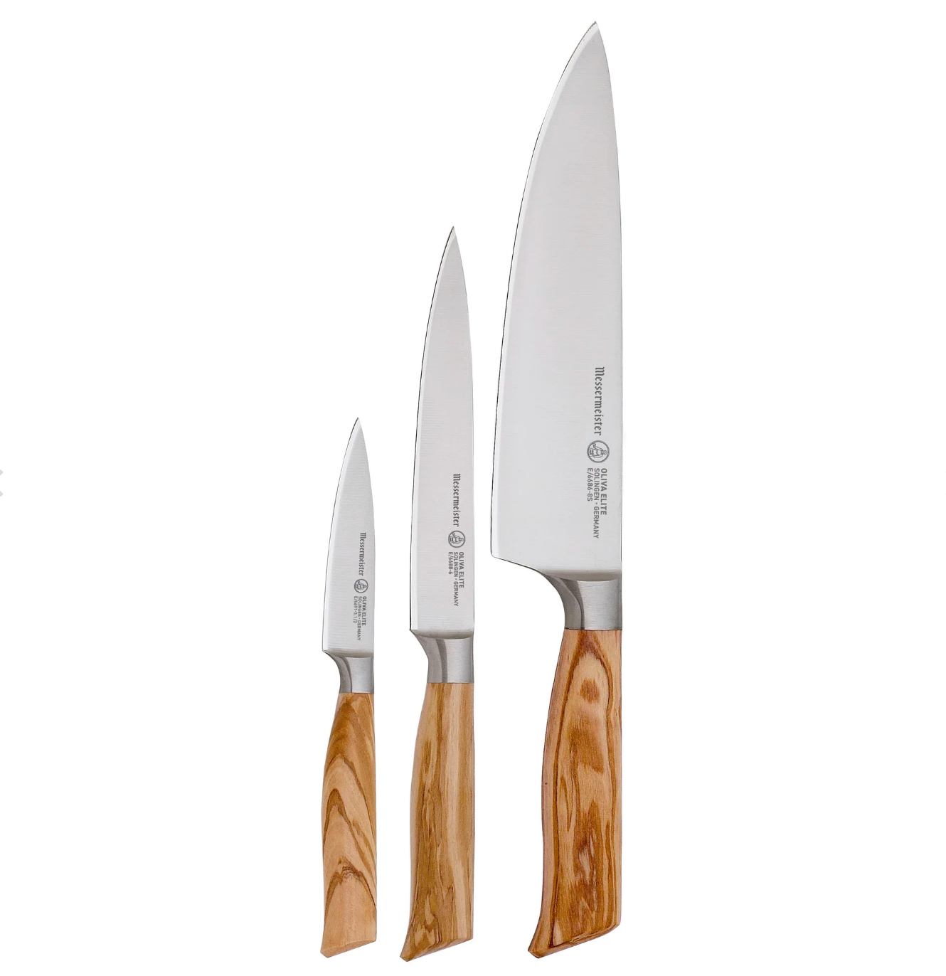 The Messermeister Oliva Elite Knife Starter Set, 3-Piece, featuring stainless carbon alloy blades and light wood handles, is arranged side by side on a white background.