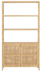 The Isla Bookcase with Hutch by Made Goods features a tall design in light wood with three open shelves above and a two-door cabinet below, showcasing a refined natural rattan weave.