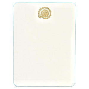 Printery’s Nautilus Note Card Box Set features blank ecru cards with rounded corners, azure blue edges, and a small embossed nautilus shell near the top center.