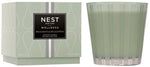 A Nest Wild Mint & Eucalyptus Candle from the Wild Mint & Eucalyptus Candle Collection sits beside its matching light green and silver box, offering an invigorating, spa-like aroma of wild mint and eucalyptus.