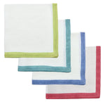 The Newport Border Napkin Set by Deborah Rhodes features four classic linen napkins, each with a different colored trim—green, blue, teal, and red—arranged in a staggered stack to elevate your table settings.