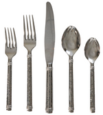 The Juliska Graham 5 Piece Flatware Set, Polished, features a salad fork, dinner fork, knife, tablespoon, and teaspoon arranged in a row against a white background—ideal for casual entertaining.
