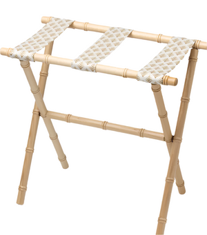 The Sorella Glenn Maple Luggage Rack, Highlands Sand, features a foldable maple hardwood frame with three patterned fabric straps and angled legs for convenient suitcase storage.