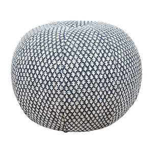 The Seabrook Outdoor Ottoman in Burma Indigo by Lee Industries features a navy and white geometric leaf pattern, adding style to your patio or outdoor space. Shown at an angle against a white background.