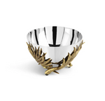 The Michael Aram Palm Nut Dish is a silver metal bowl with sculpted textures and ornate gold-toned branch and leaf designs at the base, shown on a plain white background.