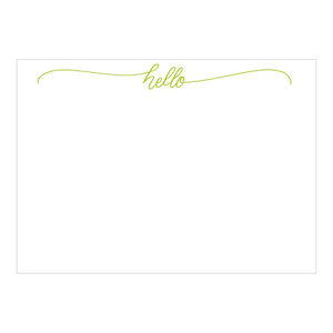 The Caspari Hello Script Card Set features blank white cards made from heavyweight cardstock, each with "hello" in green cursive and a decorative underline at the top.