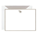 The Crane Elephant Flat Card Set features blank white engraved flat cards with metallic silver borders and a small silver elephant at the top, paired with matching envelopes—ideal for elegant stationery lovers.