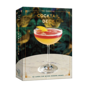 The Essential Cocktail Deck by Penguin Random House features a box with a cocktail photo and includes 50 cards with essential and modern cocktail recipes.