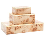 The Made Goods Fabron Box Collection features three rectangular boxes in light mapa wood veneer with polished brass trim, stacked in descending size order against a white background.