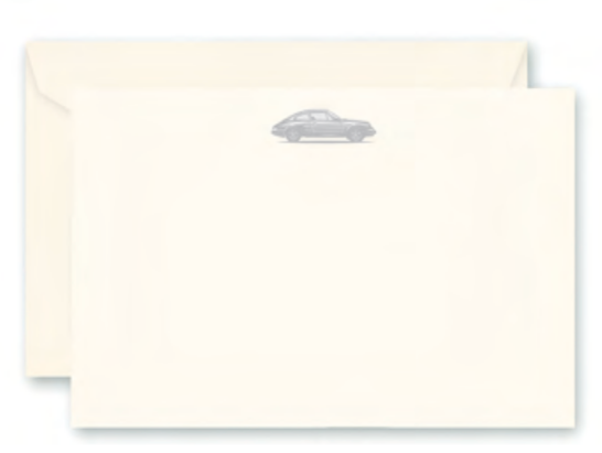 The Crane Engraved Porsche 911 Correspondence Note Card Set features cream-colored cards and envelopes with a detailed classic Porsche 911 illustration, offering a stylish design by Crane.
