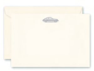 The Crane Engraved Porsche 911 Correspondence Note Card Set features cream-colored cards and envelopes with a detailed classic Porsche 911 illustration, offering a stylish design by Crane.