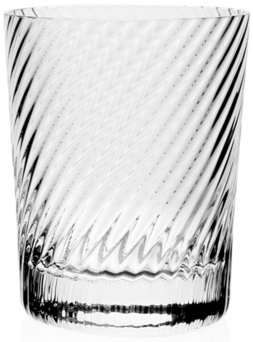 The Venetia Drinkware Collection by William Yeoward Crystal features a clear crystal tumbler with a textured diagonal swirl, inspired by Venetian glassmakers, set against a white background.