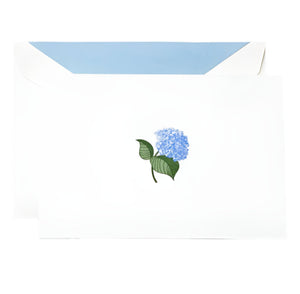The Crane Blue Hydrangea Classic Card Set includes a white card with a blue hydrangea illustration and a matching white envelope lined in light blue—ideal for sending heartfelt notes to someone special.