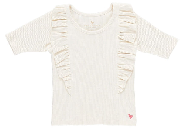 This Pink Chicken Girls' Organic Ruffle Rib Top features delicate ruffles on the sleeves, making it a chic and sustainable choice for any outfit.