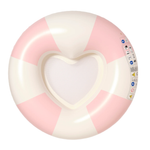 The Sunnylife Luxe Poolside Tube Float Pink Stripe features a pink and white design with a heart-shaped mesh center and safety labels, inspired by signature Australian summer style.