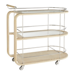 The Brays Bar Cart by Arteriors features three glass shelves, a light wood frame, metal rails, four caster wheels, and a leather-wrapped handle—ideal for stylish serving at your next cocktail party.